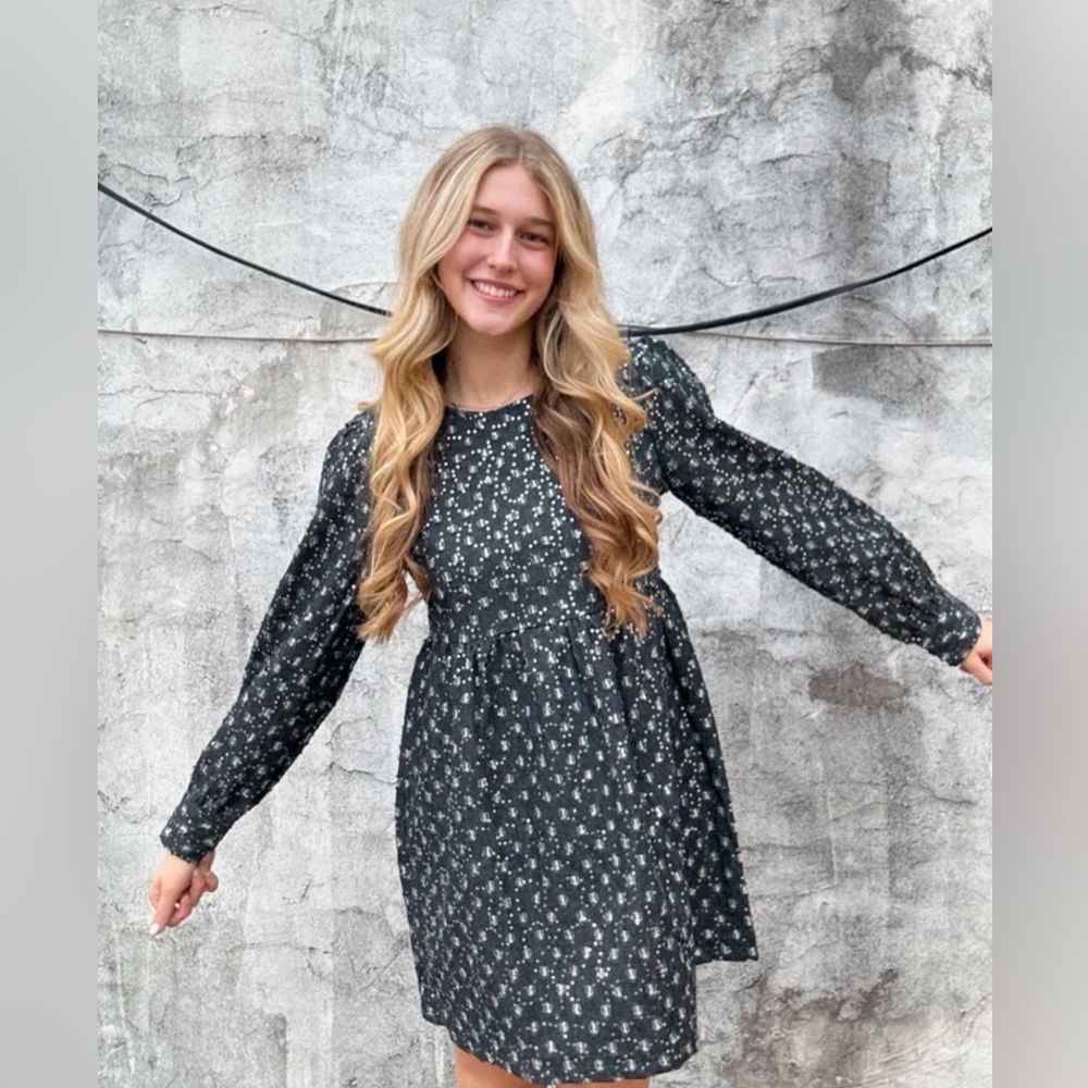 Black denim and sequin dress, shiny